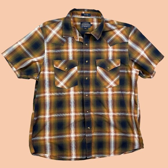 Pendleton Frontier Brown Plaid Pearl Snap Short Sleeve Shirt Men's Size X-Large - Picture 1 of 6